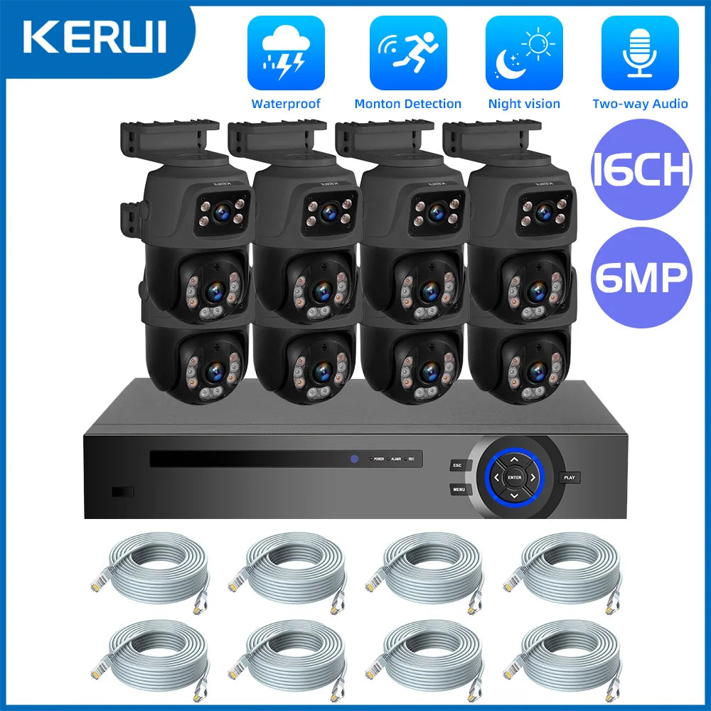 KERUI 3K 6MP Full HD Dual Lens PTZ WIFI IP Camera 16CH POE NVR Surveillance Camera System Home Security H.265 CCTV Video