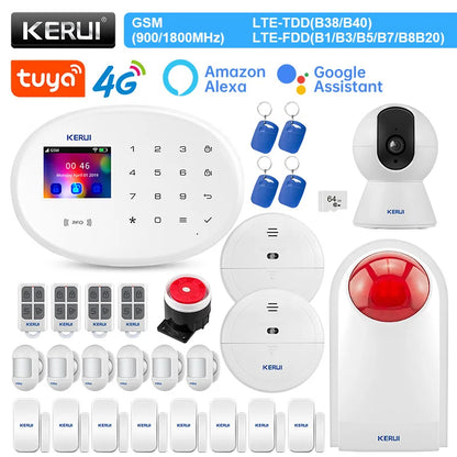 KERUI Alarm System Kit 4G GSM WIFI Tuya Smart Home Alarm Work With Alexa Google Assistant Security Camera Door Sensor Siren