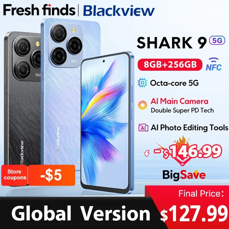 【Światowa premiera】Blackview SHARK 9 5G Smartfon 6,67'' HD+ IPS 90Hz Wyświetlacz NFC 50MP AI Główny aparat GPS Android 14 Telefon komórkowy