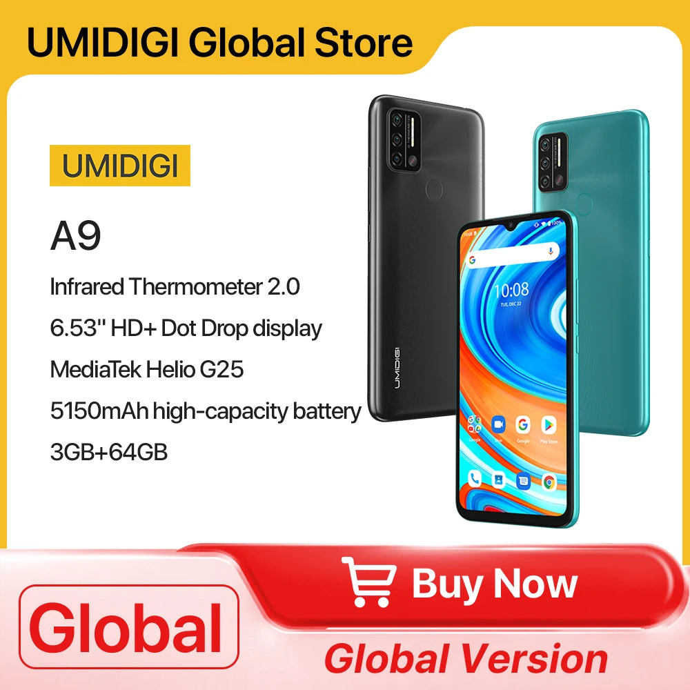 UMIDIGI A9 Smartphone Android 11 Global Version 13MP AI Triple Camera Helio G25 Octa Core 6.53" HD+ 5150mAh Cellphone