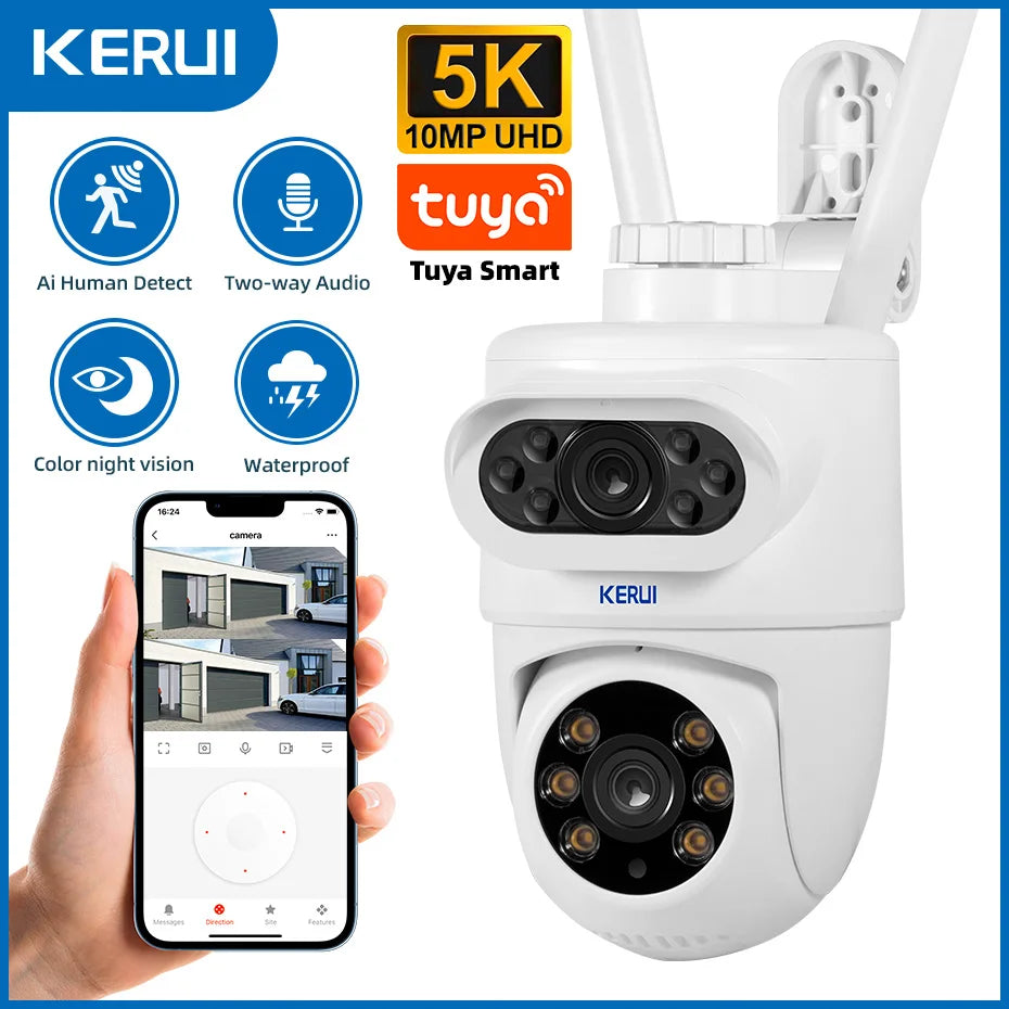 KERUI Outdoor 10MP 5K HD Dual Lens WiFi IP Camera Tuya Smart PTZ Bezprzewodowa ochrona domu CCTV Nadzór wideo Wykrywanie ludzi